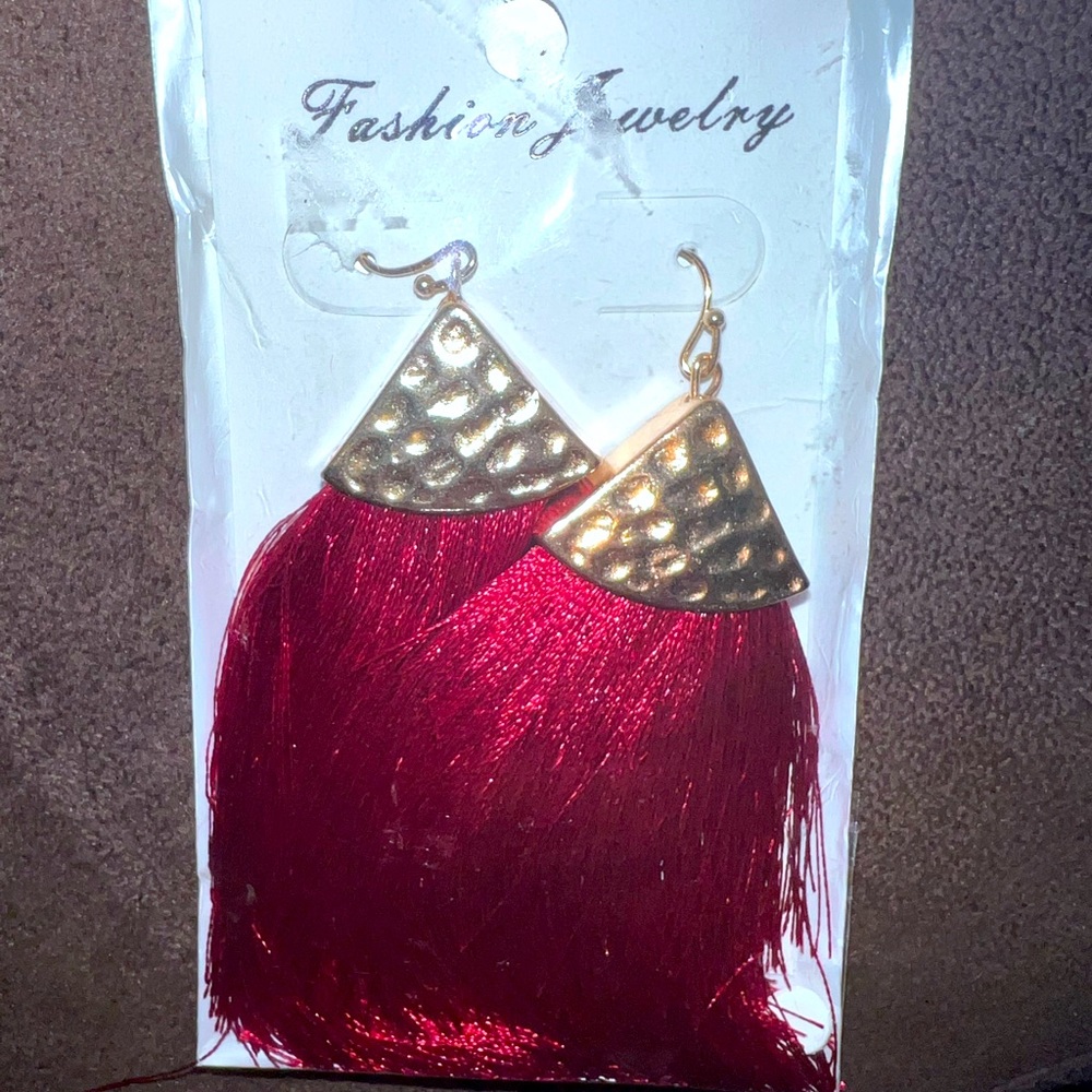 Tassel earrings, gold and maroon, jewelry